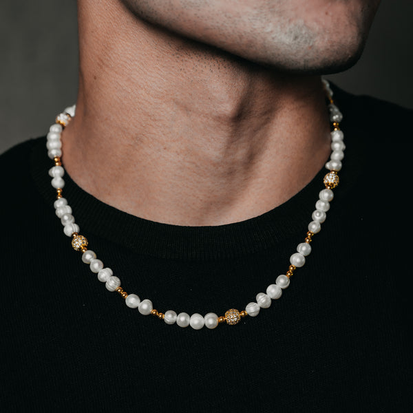 Iced Beaded Pearl Necklace (Gold)